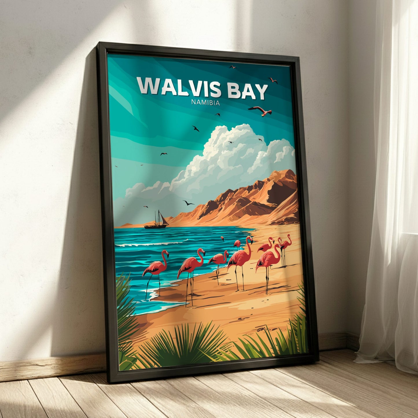 Framed poster of Walvis Bay, Namibia with flamingos and a beach scene.