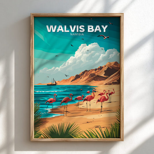 Framed artwork of Walvis Bay, Namibia with flamingos and a beach scene.