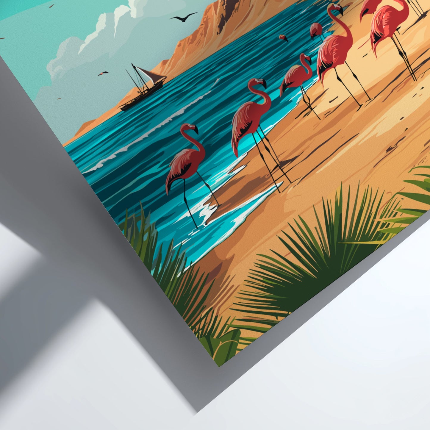 Illustration of pink flamingos on a beach with palm trees and a sailboat.