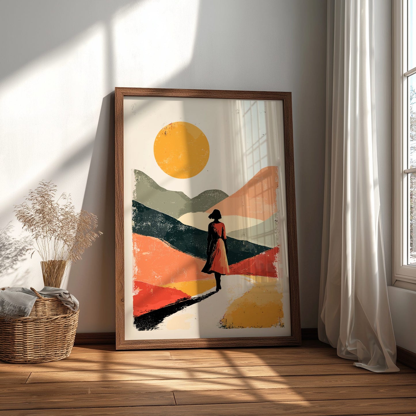 Framed abstract artwork of a person walking on a colorful landscape with a sun, placed in a bright room.