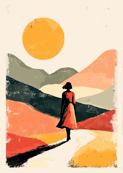 Surreal landscape with a person in a red dress standing on a path, surrounded by abstract mountains and a large sun.