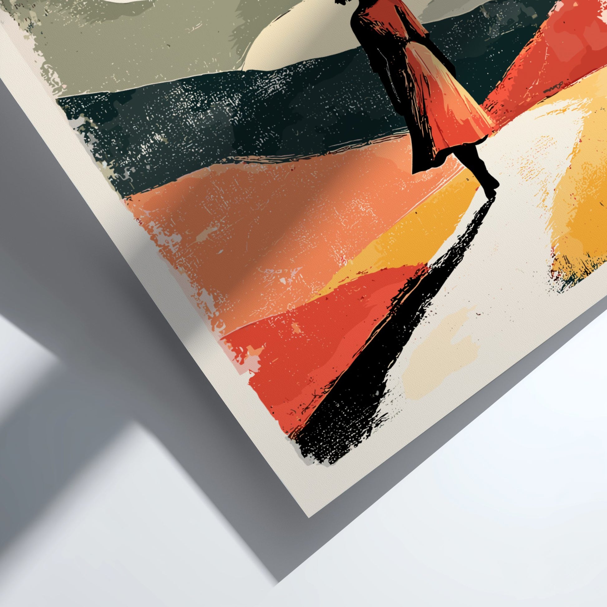 Abstract art print with geometric shapes in red, orange, black, and yellow on a white background.