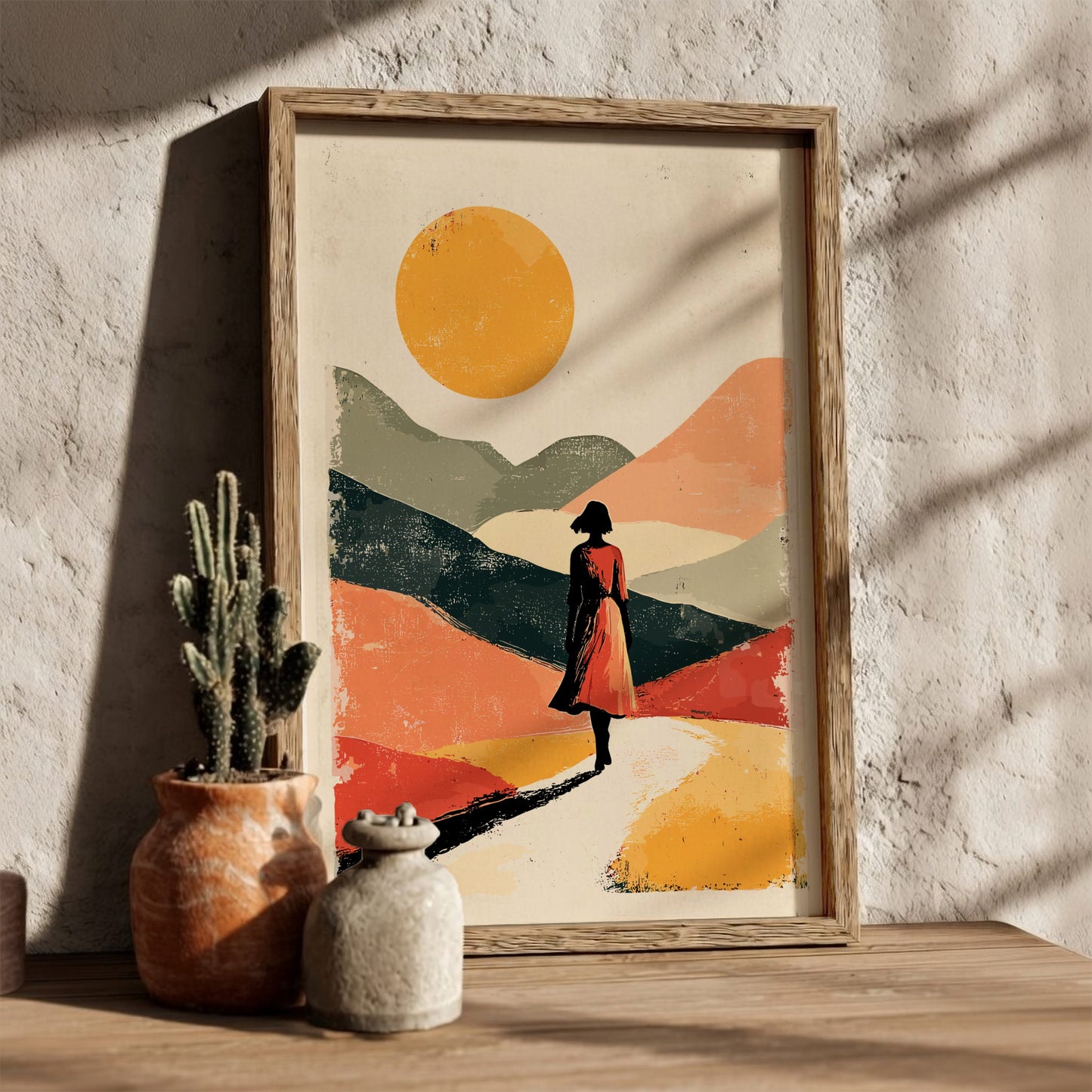 Framed artwork of a woman walking on a path with mountains and sun, placed on a wooden surface with decorative items.