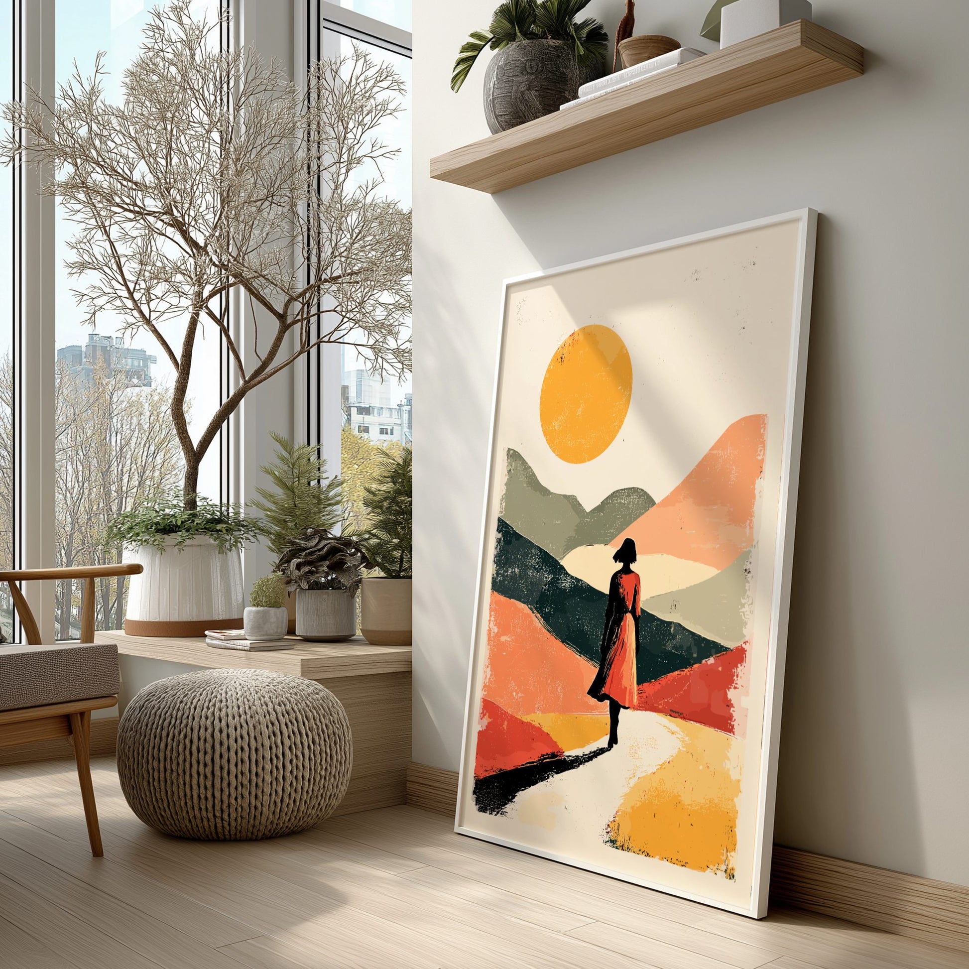 Colorful abstract artwork of a person walking on a mountain path in a modern living room.