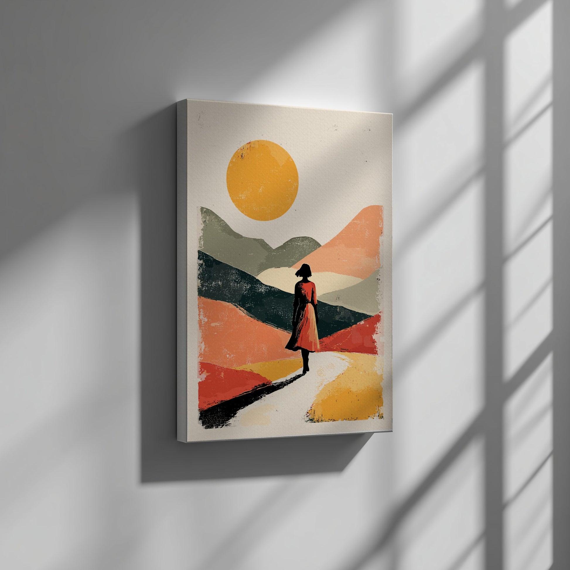 Abstract canvas painting of a person in a dress against a stylized landscape with a large sun on a wall.