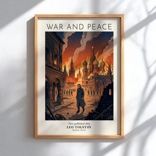 Poster featuring Leo Tolstoy walking through a burning Moscow landscape with fire and smoke.