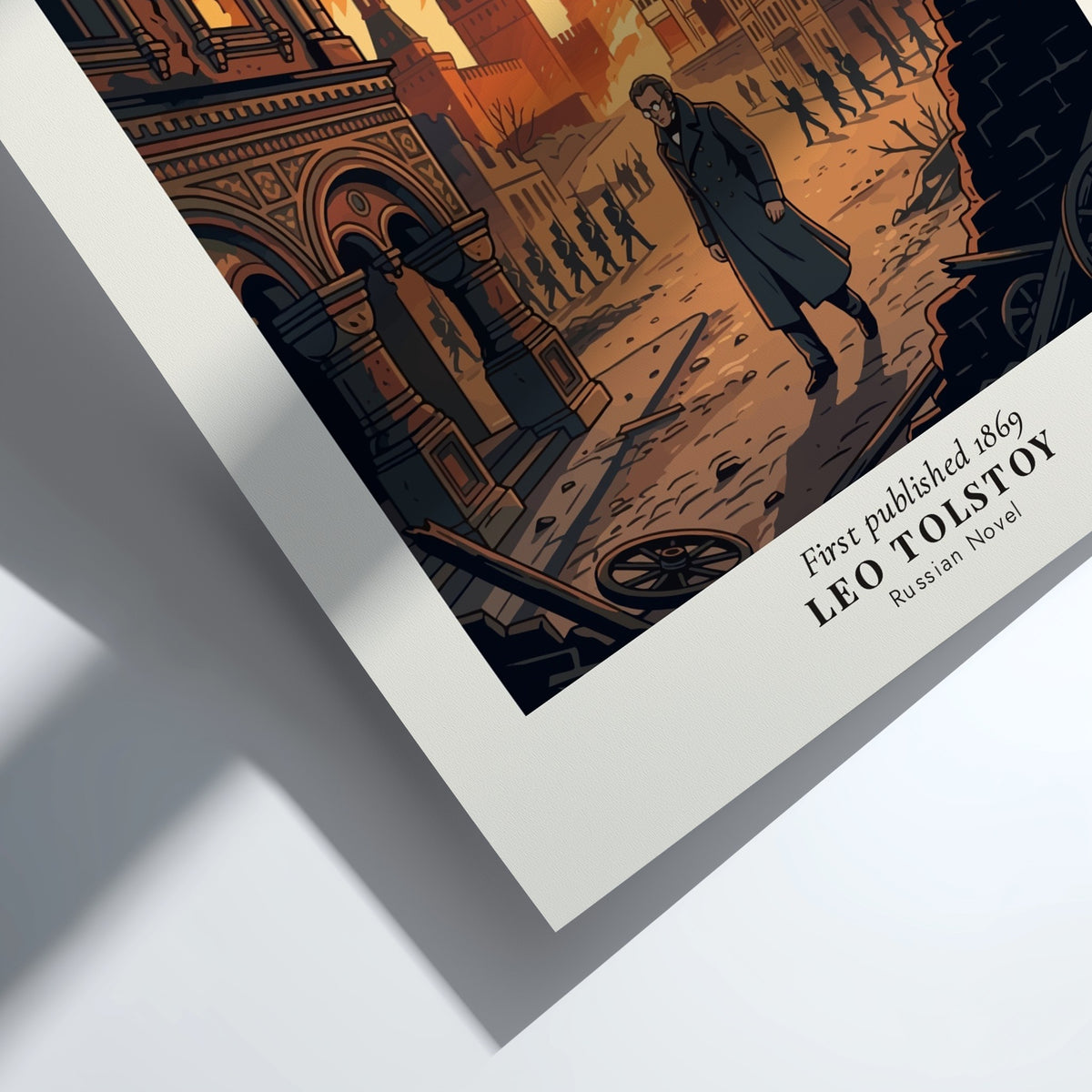 Poster featuring Leo Tolstoy walking through a burning Moscow landscape with fire and smoke.