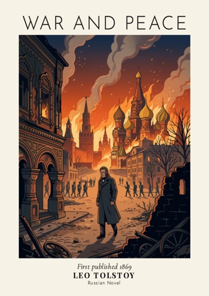 Poster featuring Leo Tolstoy walking through a burning Moscow landscape with fire and smoke.