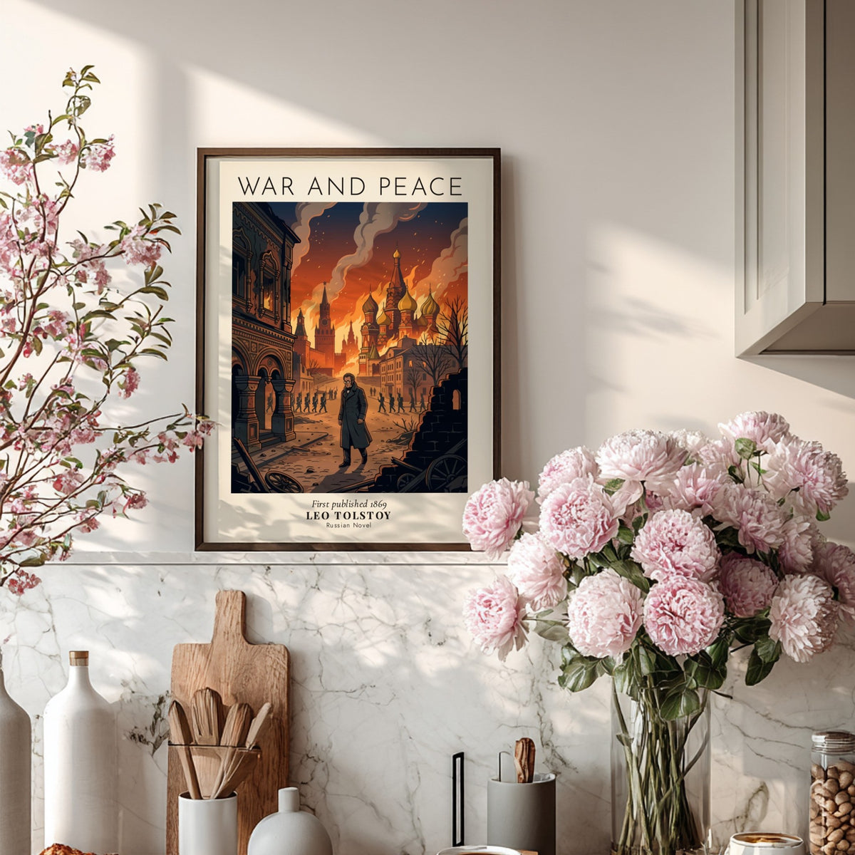 Poster featuring Leo Tolstoy walking through a burning Moscow landscape with fire and smoke.