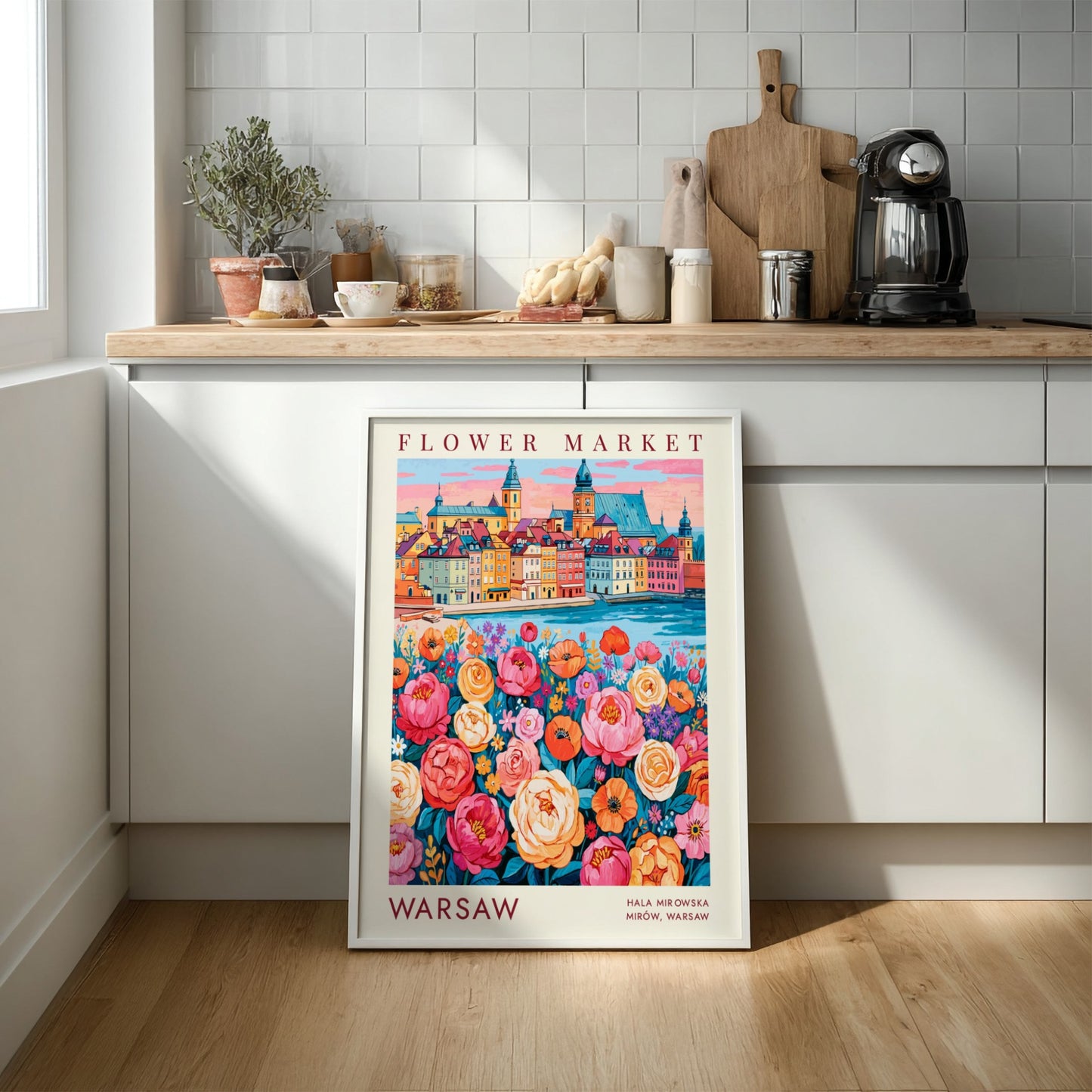 Flower market poster showcasing vibrant blooms and a cityscape in warm colors