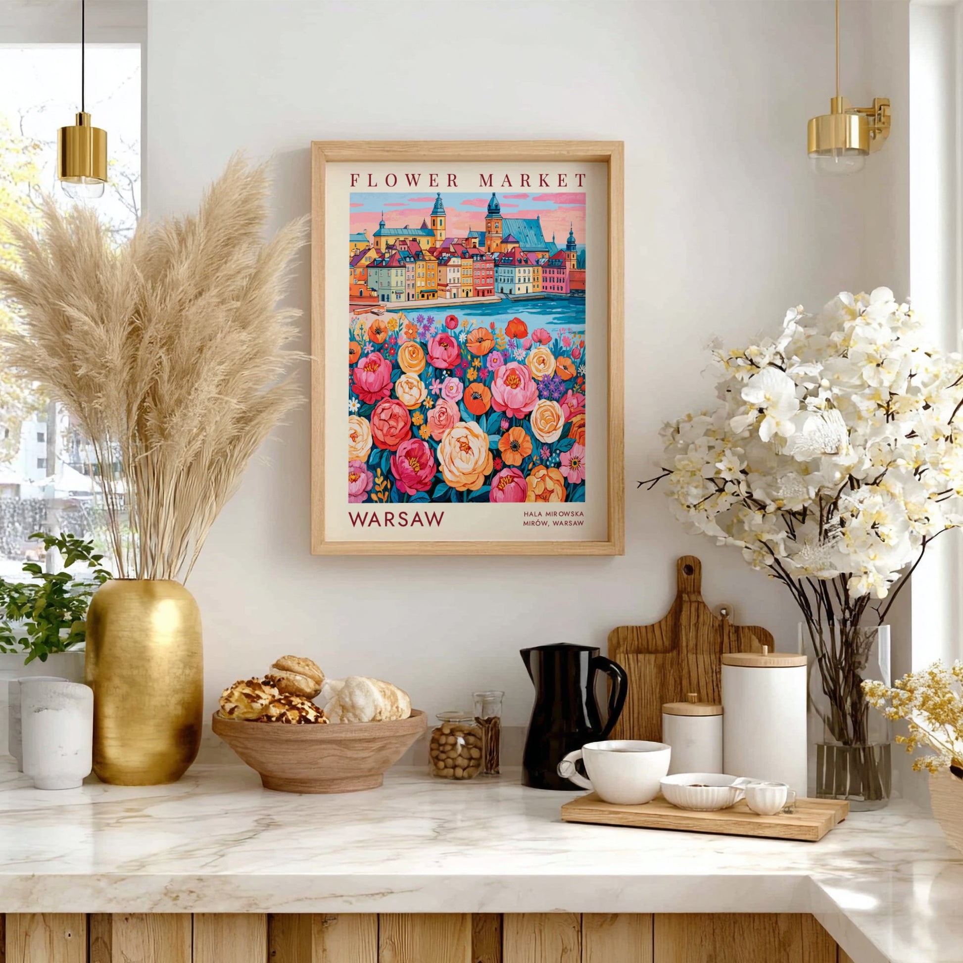 Flower market poster showcasing vibrant blooms and a cityscape in warm colors