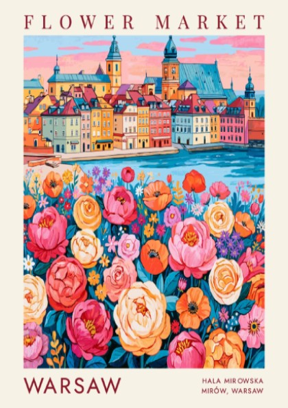 Flower market poster showcasing vibrant blooms and a cityscape in warm colors
