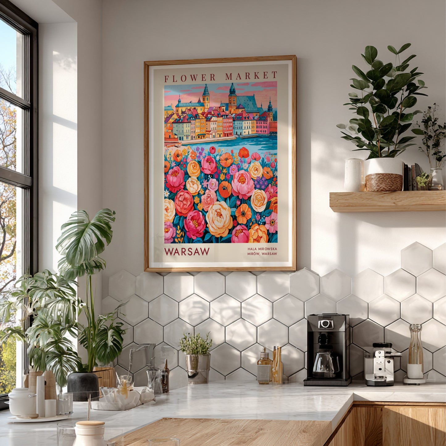 Flower market poster showcasing vibrant blooms and a cityscape in warm colors