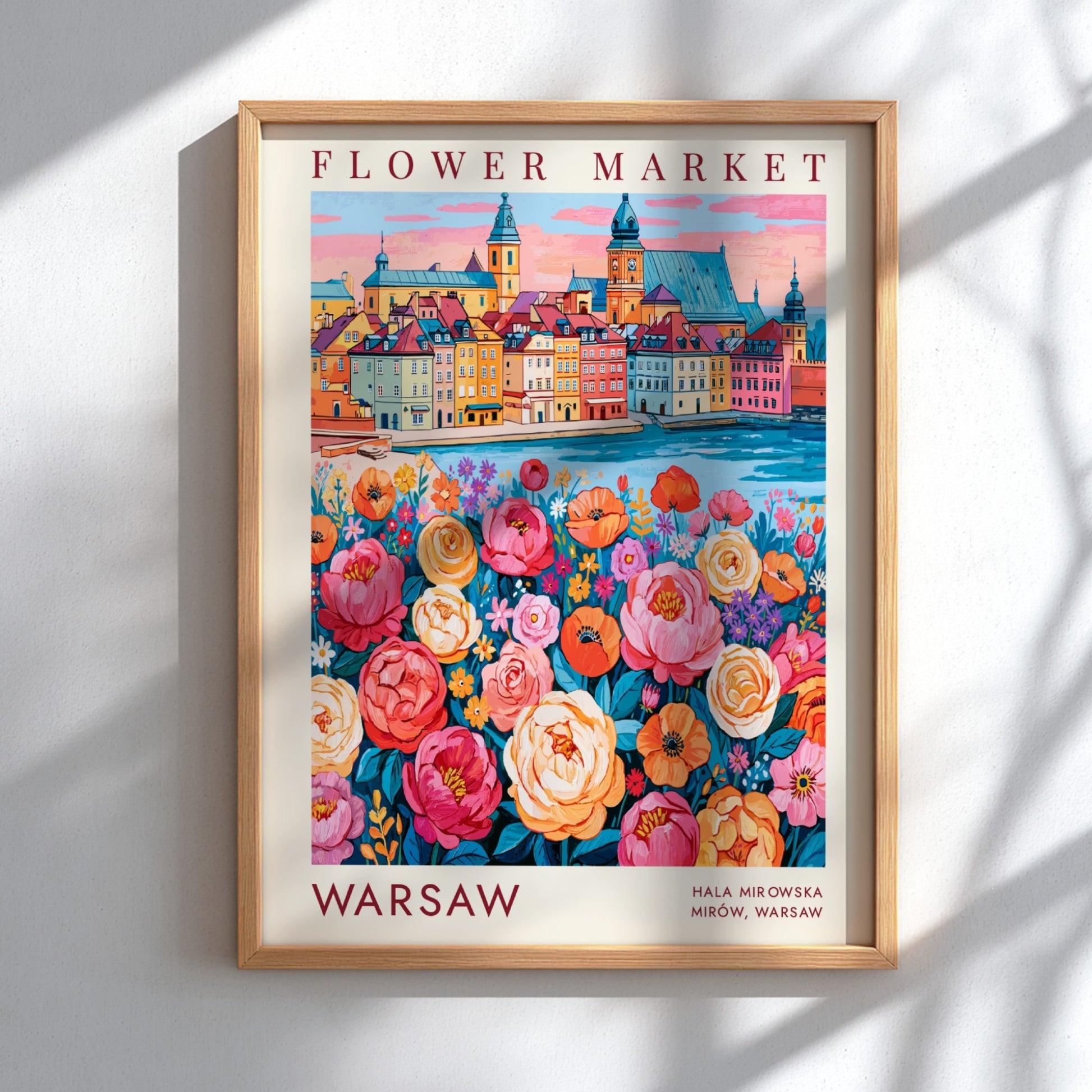 Flower market poster showcasing vibrant blooms and a cityscape in warm colors