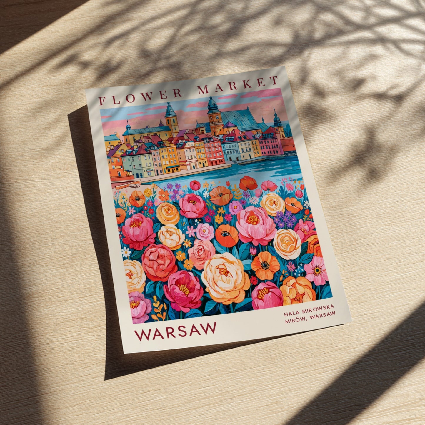 Flower market poster showcasing vibrant blooms and a cityscape in warm colors