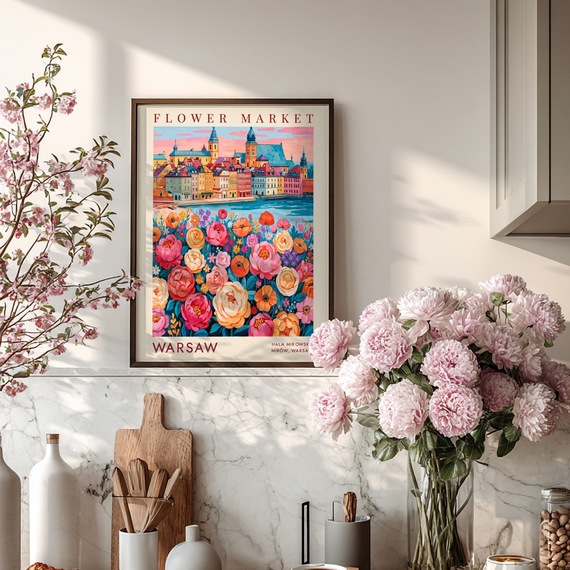 Flower market poster showcasing vibrant blooms and a cityscape in warm colors
