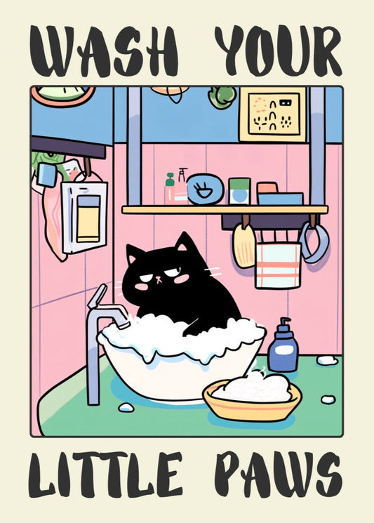 Wash Your Paws Black Cat Print – Funny Bathroom Poster