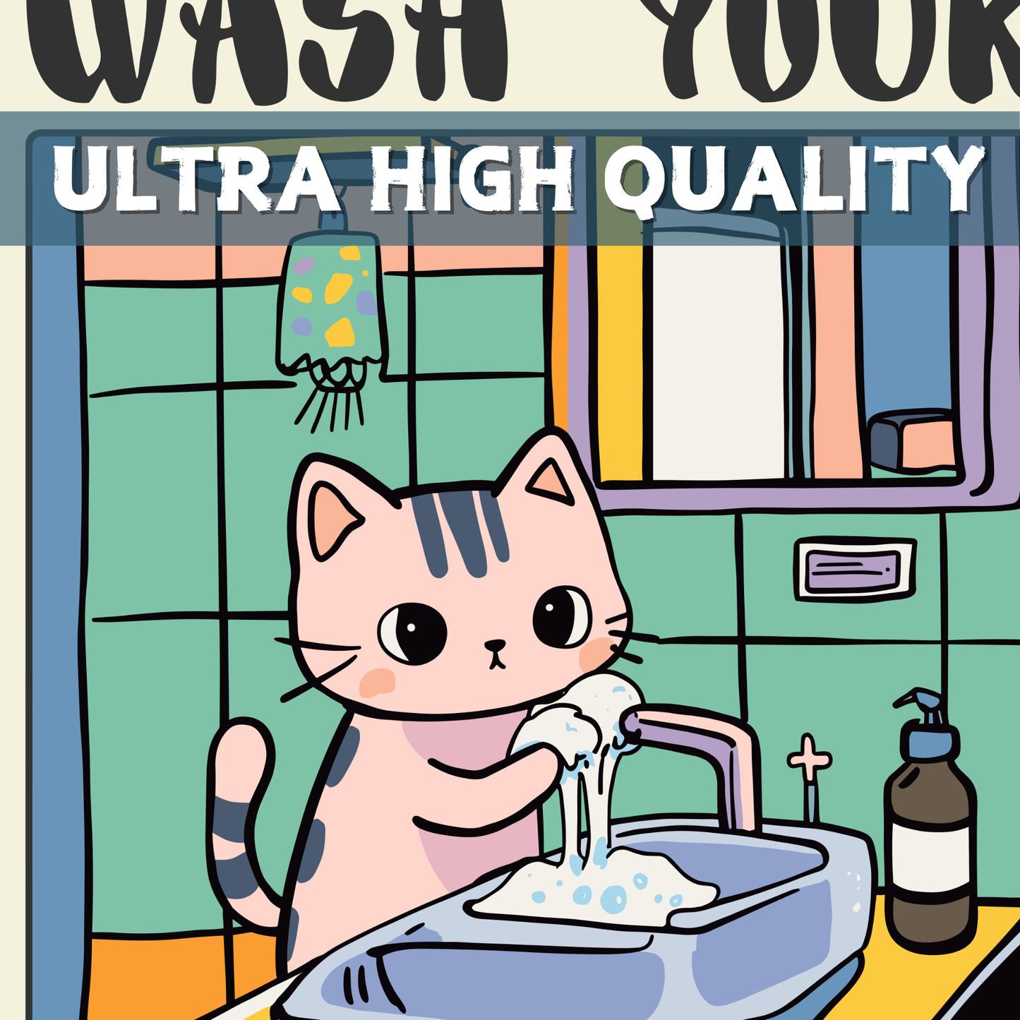 Cute Black Cat Bathroom Poster, Kawaii Wall Art, Funny Handwashing Sign, Unique Cat Lover Gift