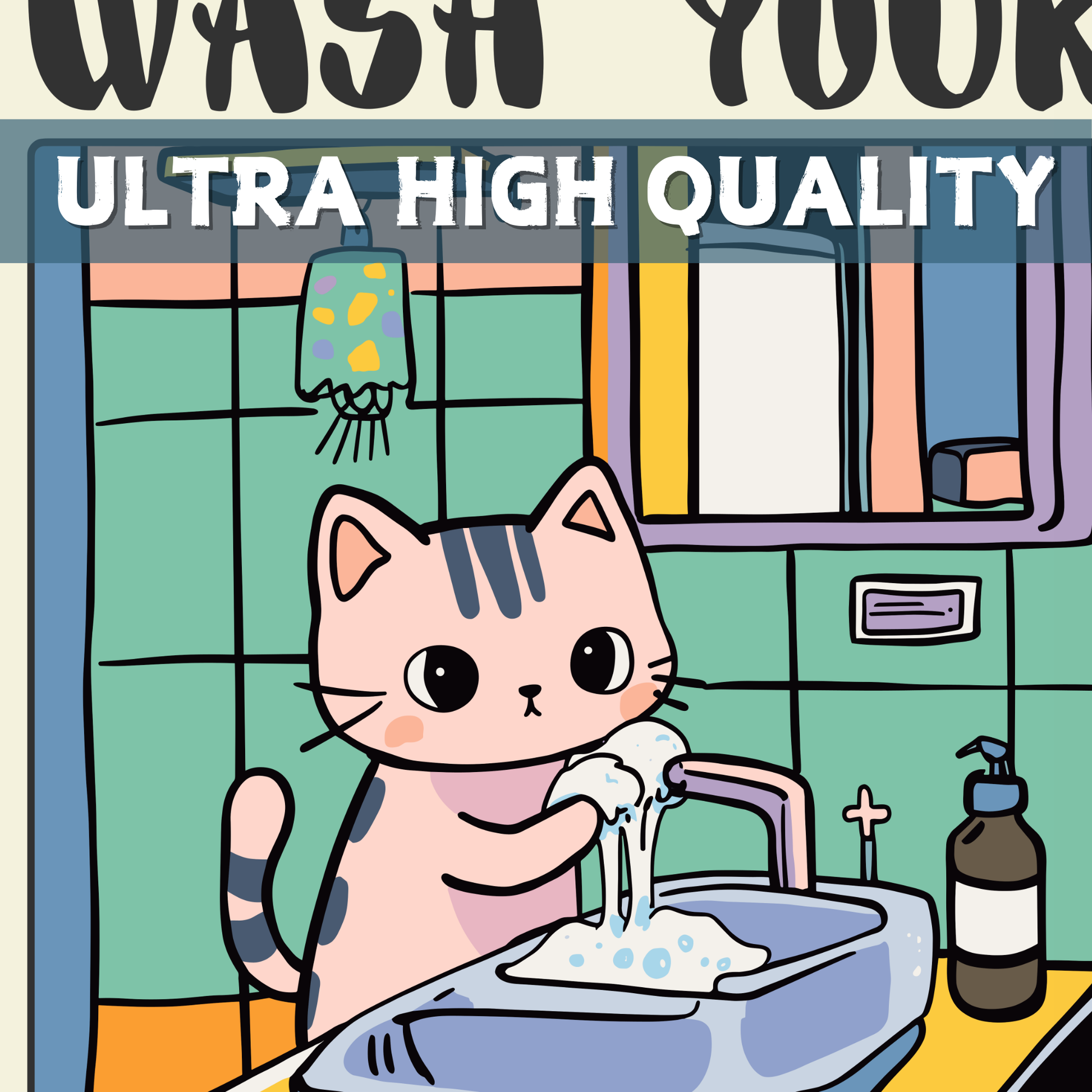 Cute Black Cat Bathroom Poster, Kawaii Wall Art, Funny Handwashing Sign, Unique Cat Lover Gift