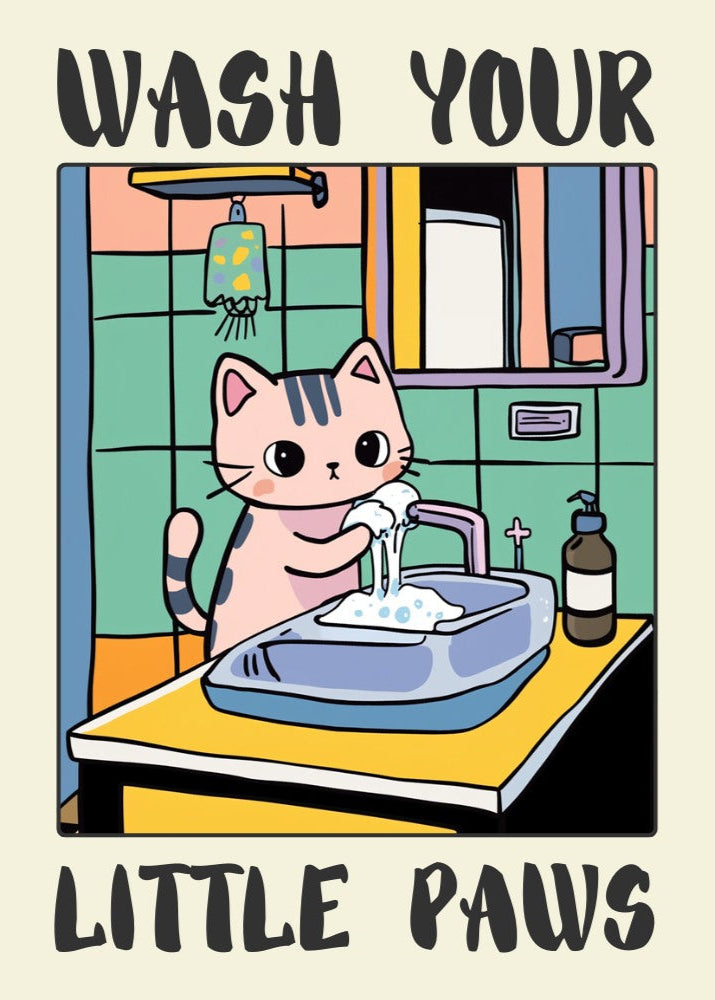 Kawaii Wall Art, Children's Washroom Decor, Funny Handwashing Sign, Unique Cat Lover Gift