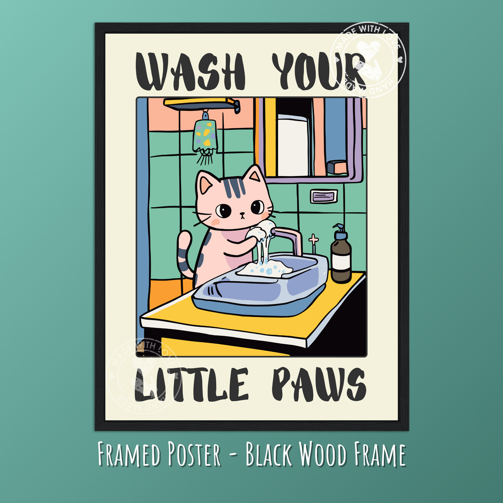 Cute Black Cat Bathroom Poster, Kawaii Wall Art, Children's Washroom Decor, Funny Handwashing Sign, Unique Cat Lover Gift