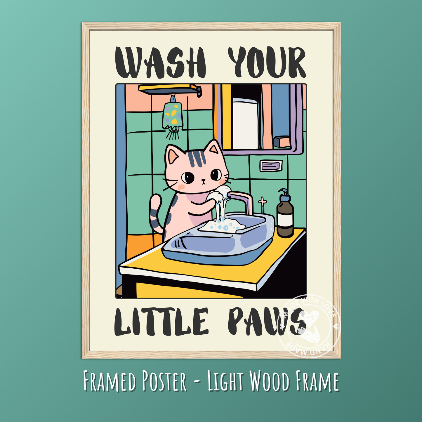 Cute Black Cat Bathroom Poster, Kawaii Wall Art, Children's Washroom Decor, Funny Handwashing Sign, Unique Cat Lover Gift