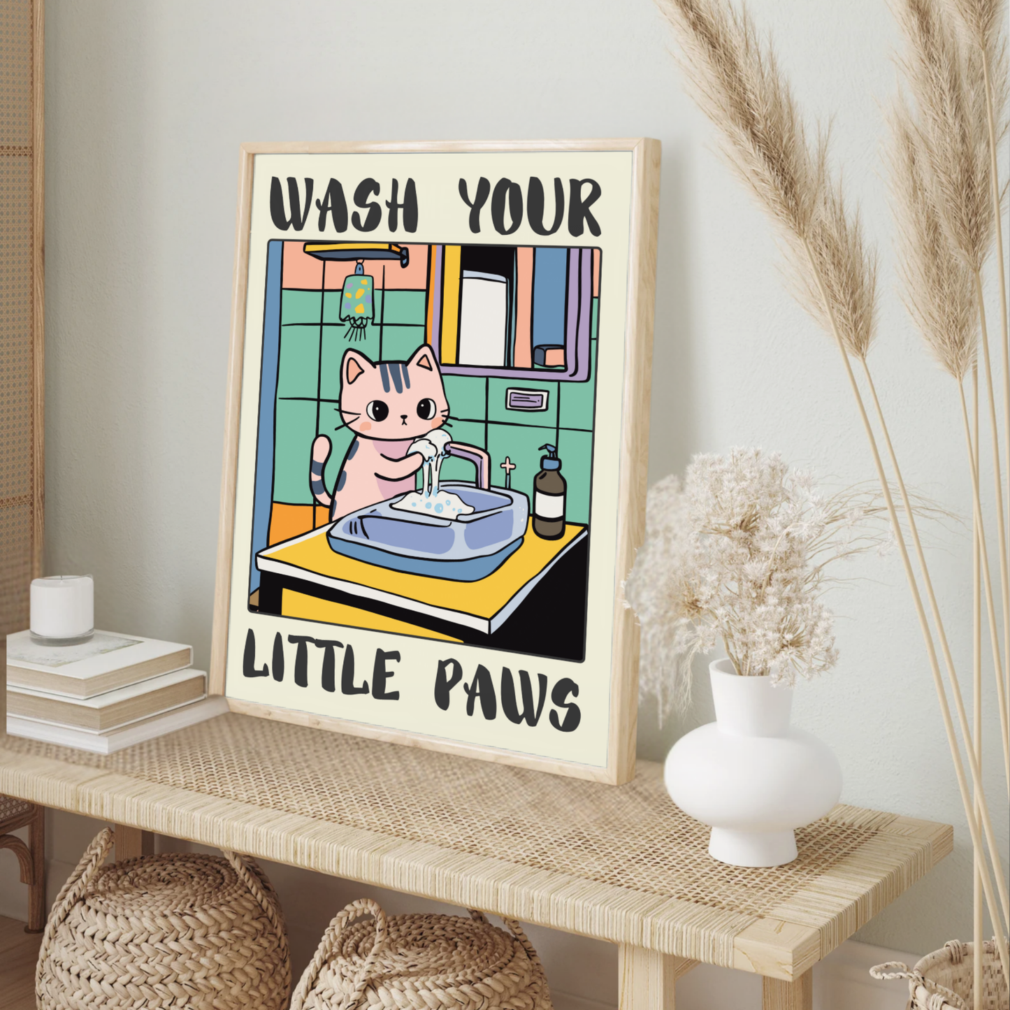 Cute Black Cat Bathroom Poster, Kawaii Wall Art, Children's Washroom Decor, Unique Cat Lover Gift