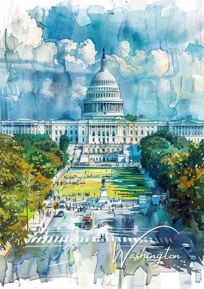Washington DC Watercolour Travel Print - White House Artwork