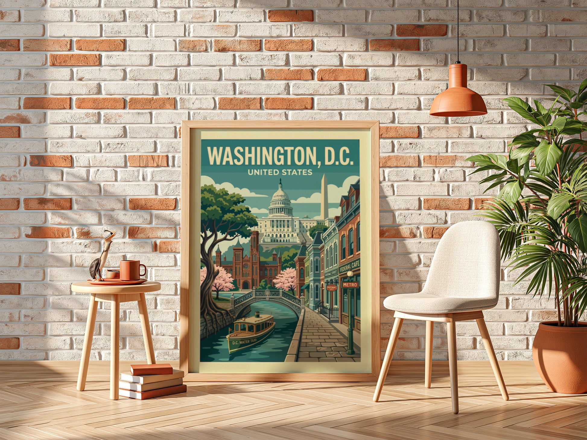 Retro Washington D.C. travel poster featuring the Capitol Building, Washington Monument, and canal.