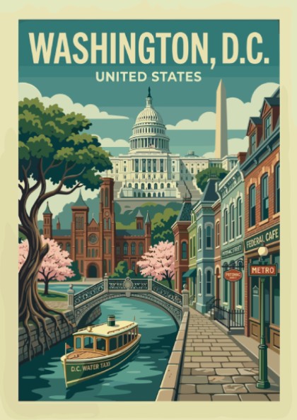 Retro Washington D.C. travel poster featuring the Capitol Building, Washington Monument, and canal.