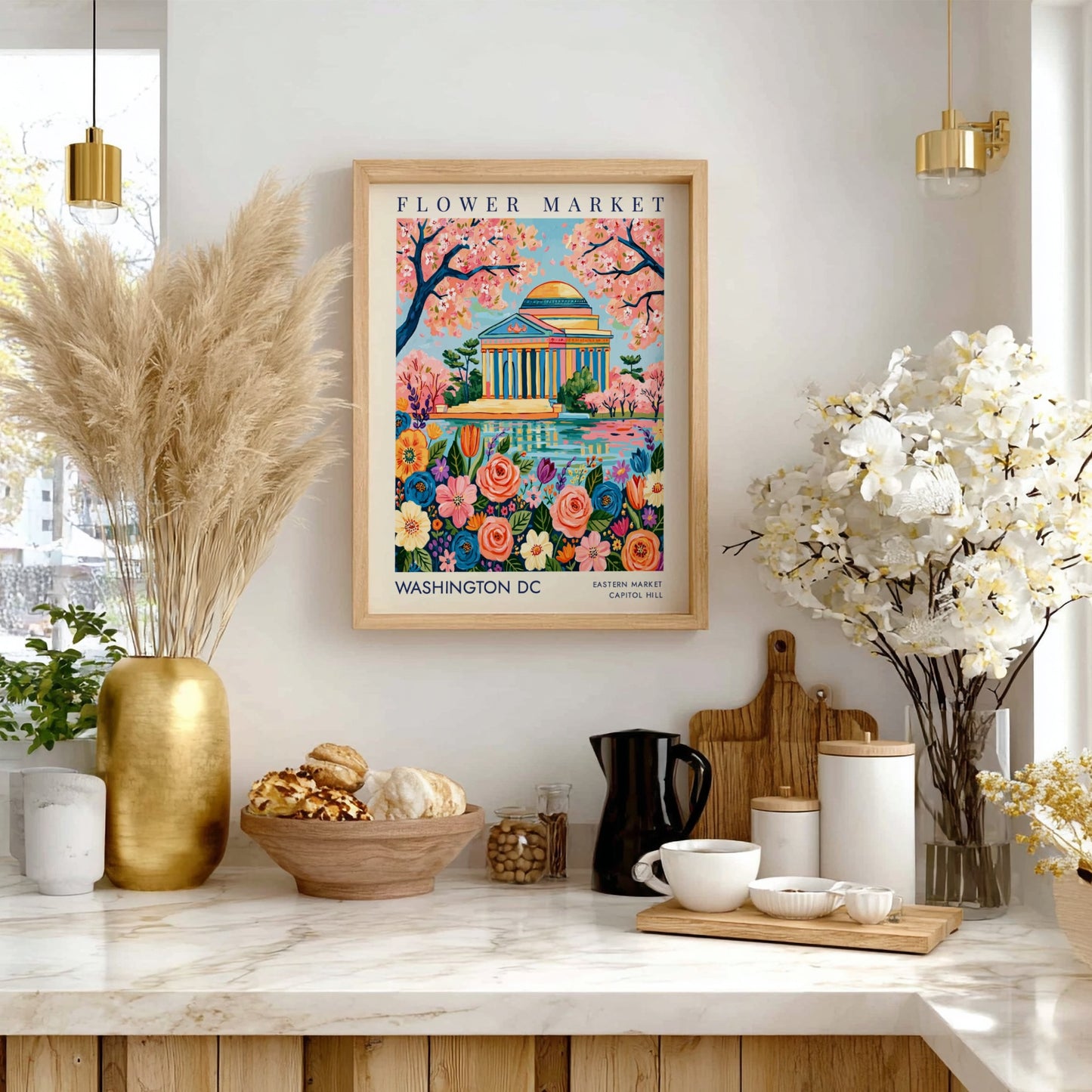 Flower market poster featuring Washington DC with colorful flowers and Jefferson Memorial in a vibrant style