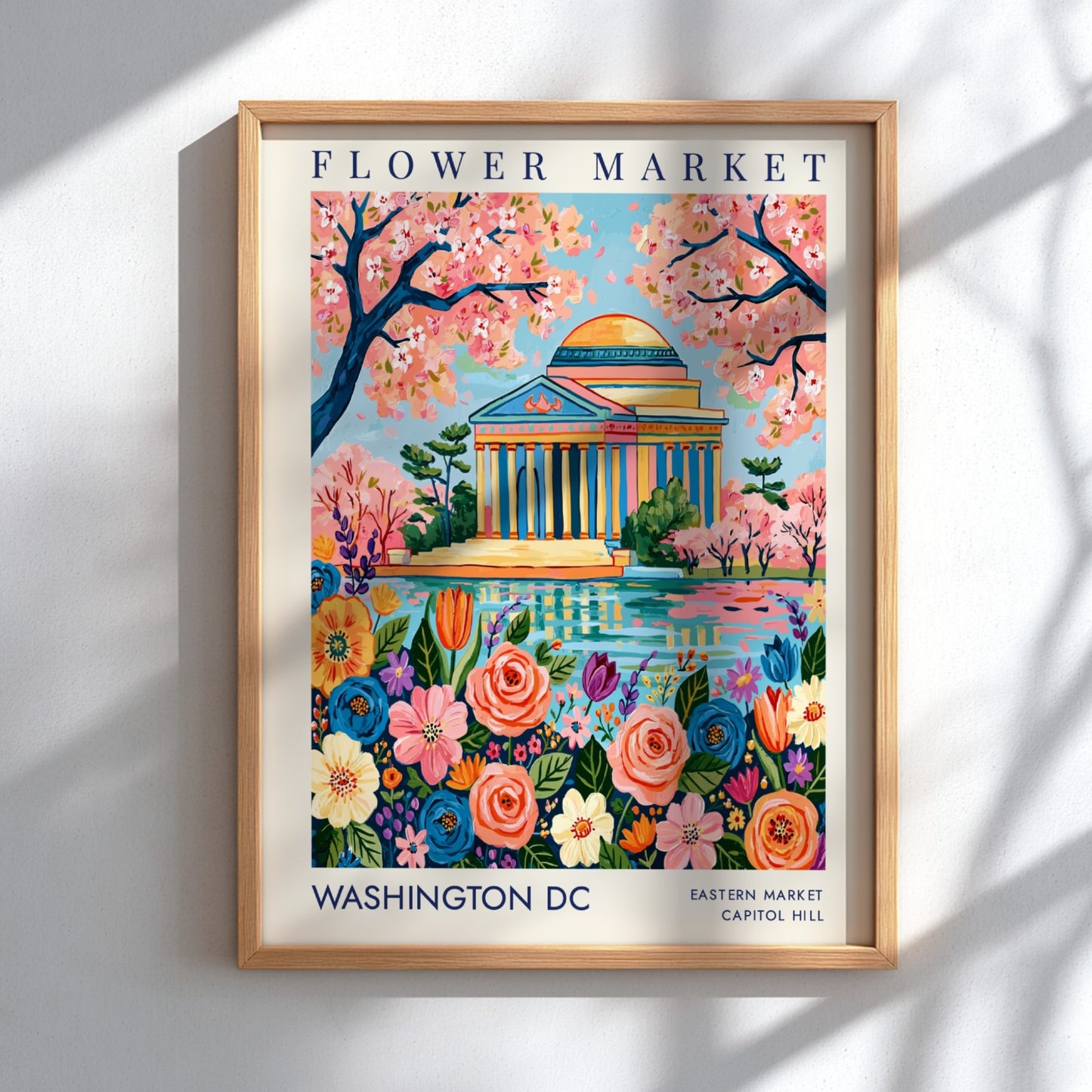 Flower market poster featuring Washington DC with colorful flowers and Jefferson Memorial in a vibrant style