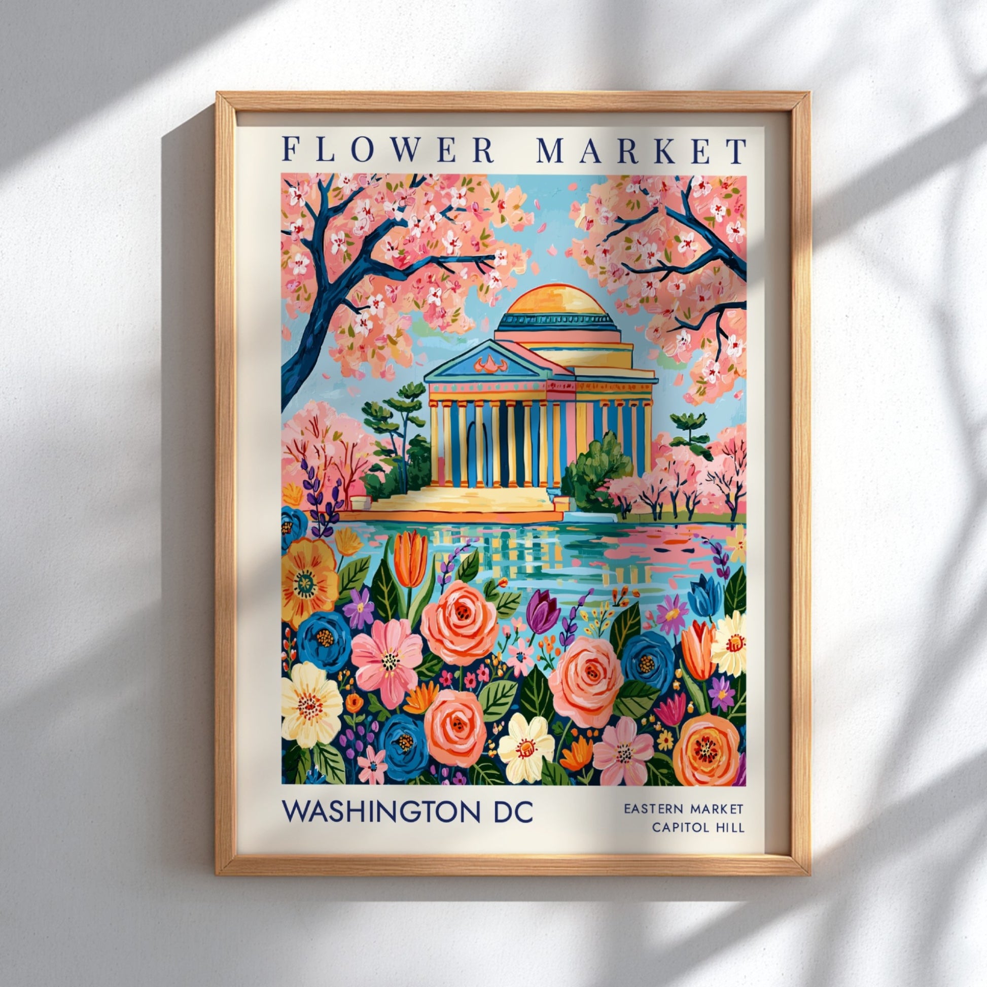 Flower market poster featuring Washington DC with colorful flowers and Jefferson Memorial in a vibrant style