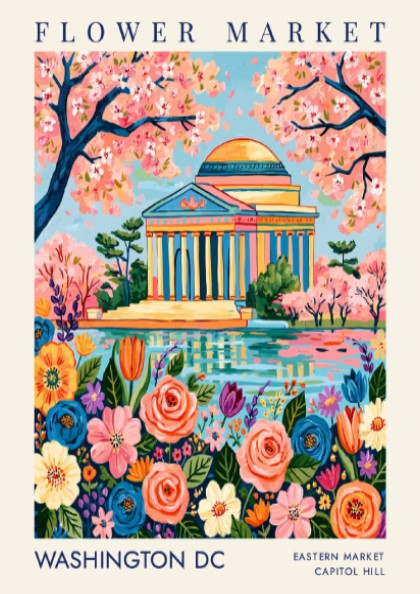 Flower market poster featuring Washington DC with colorful flowers and Jefferson Memorial in a vibrant style