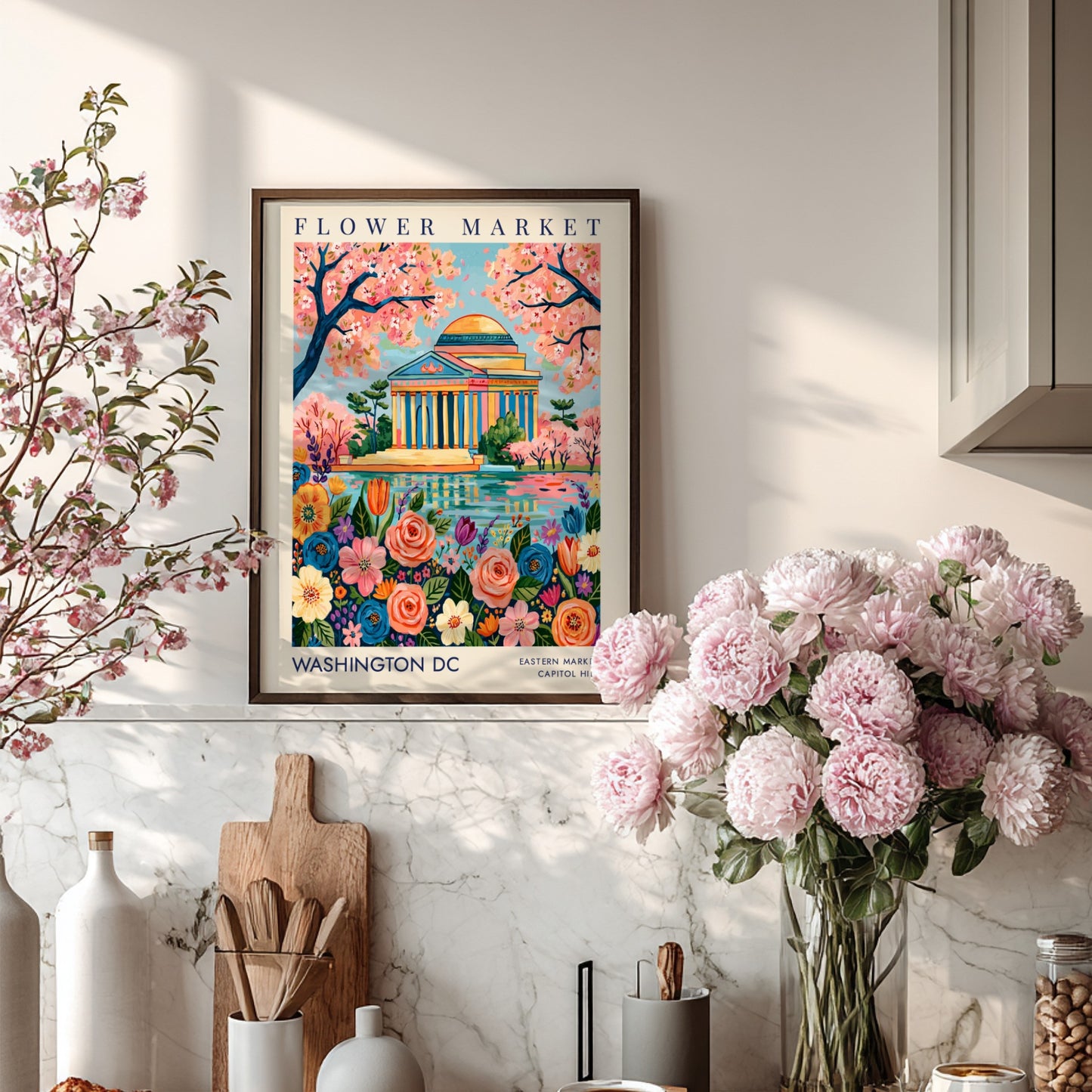 Flower market poster featuring Washington DC with colorful flowers and Jefferson Memorial in a vibrant style