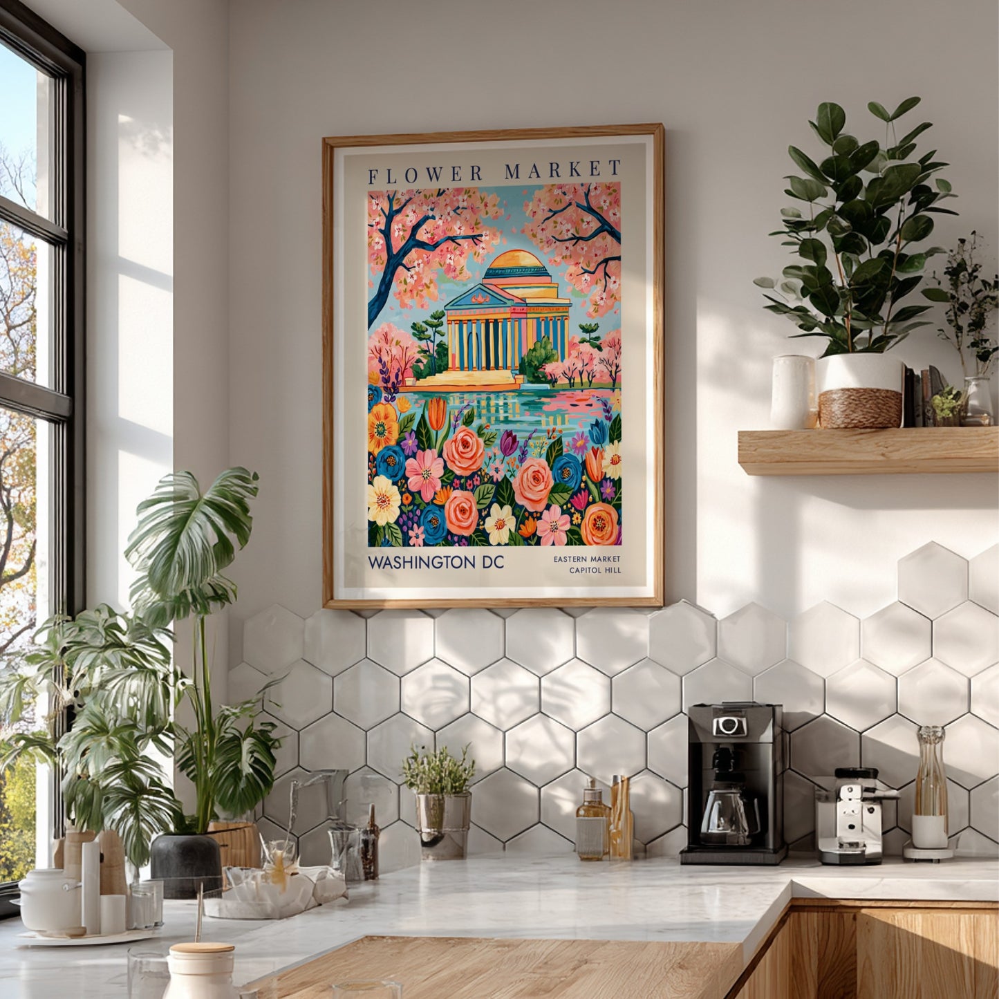 Flower market poster featuring Washington DC with colorful flowers and Jefferson Memorial in a vibrant style