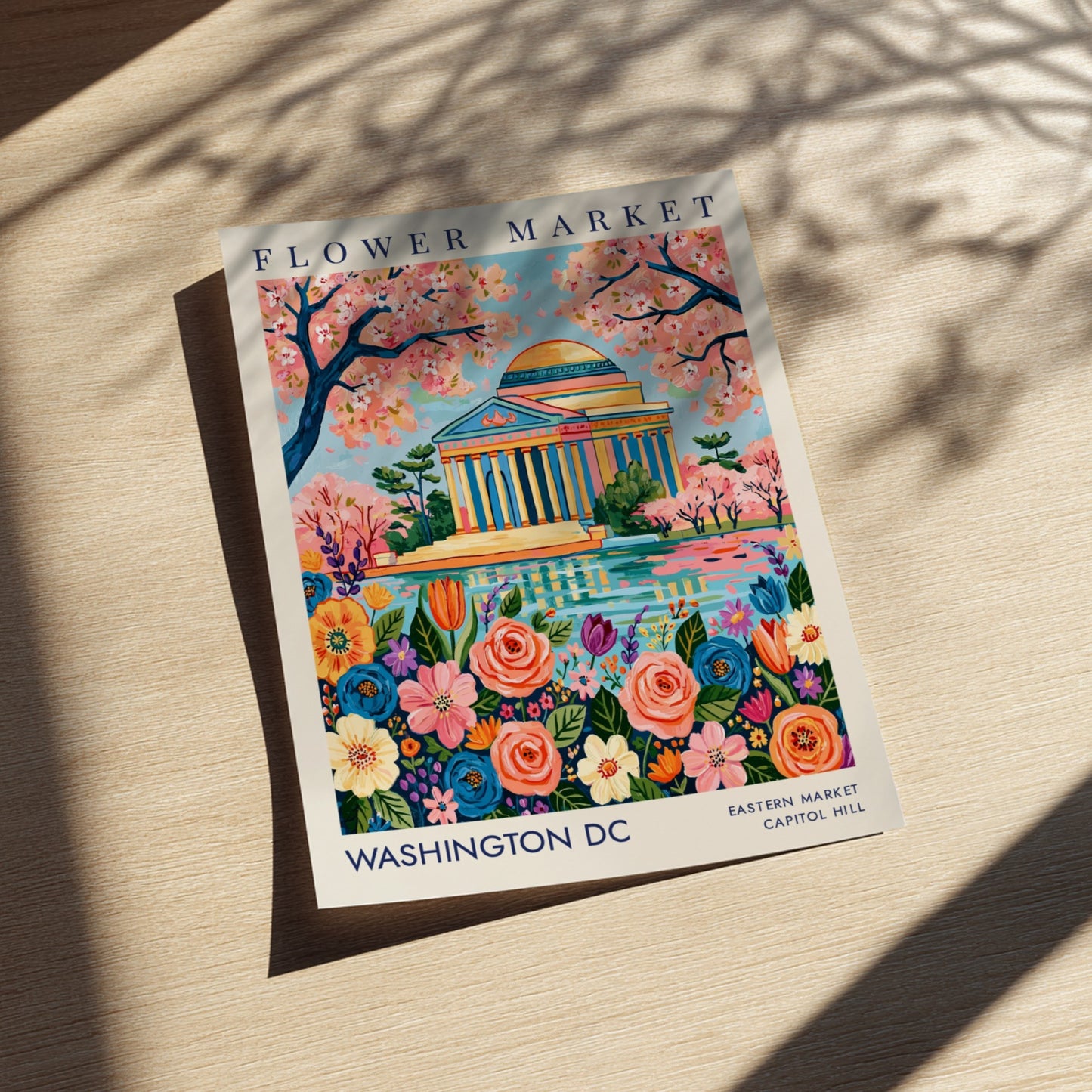 Flower market poster featuring Washington DC with colorful flowers and Jefferson Memorial in a vibrant style