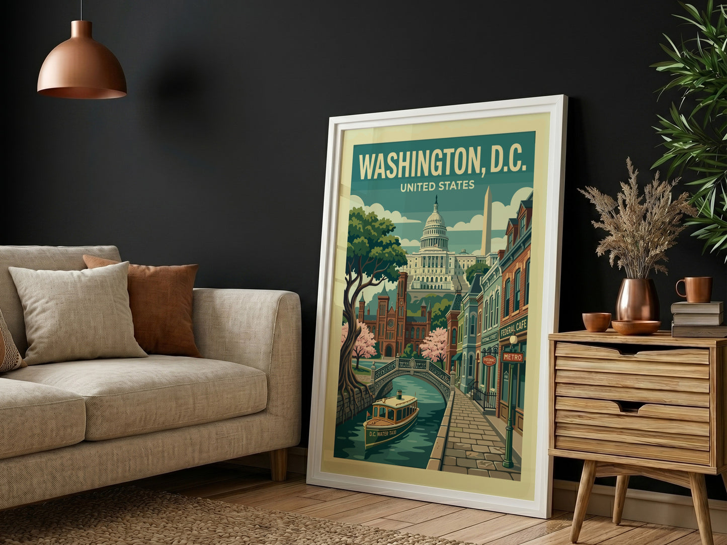 Retro Washington D.C. travel poster featuring the Capitol Building, Washington Monument, and canal.