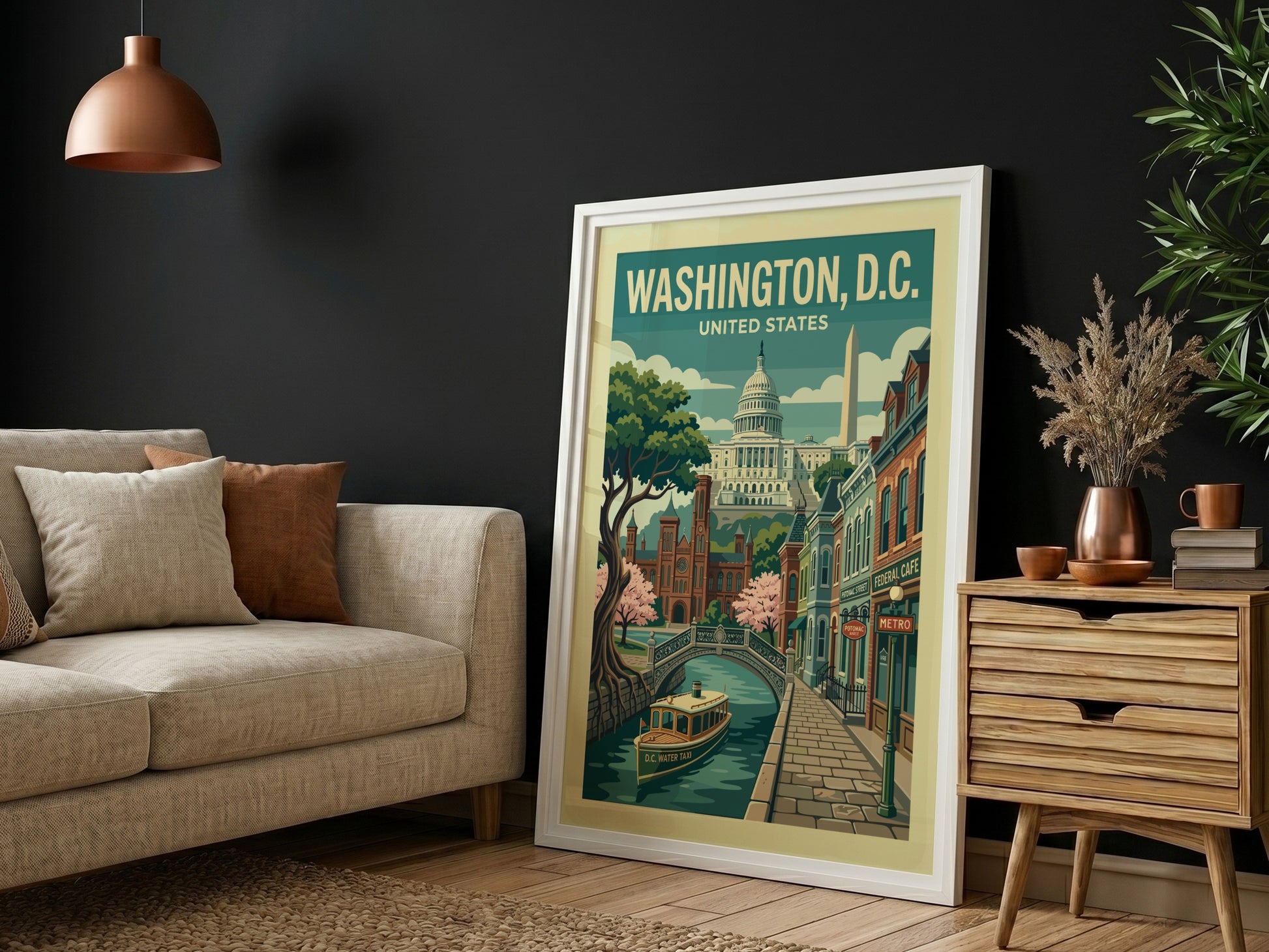 Retro Washington D.C. travel poster featuring the Capitol Building, Washington Monument, and canal.