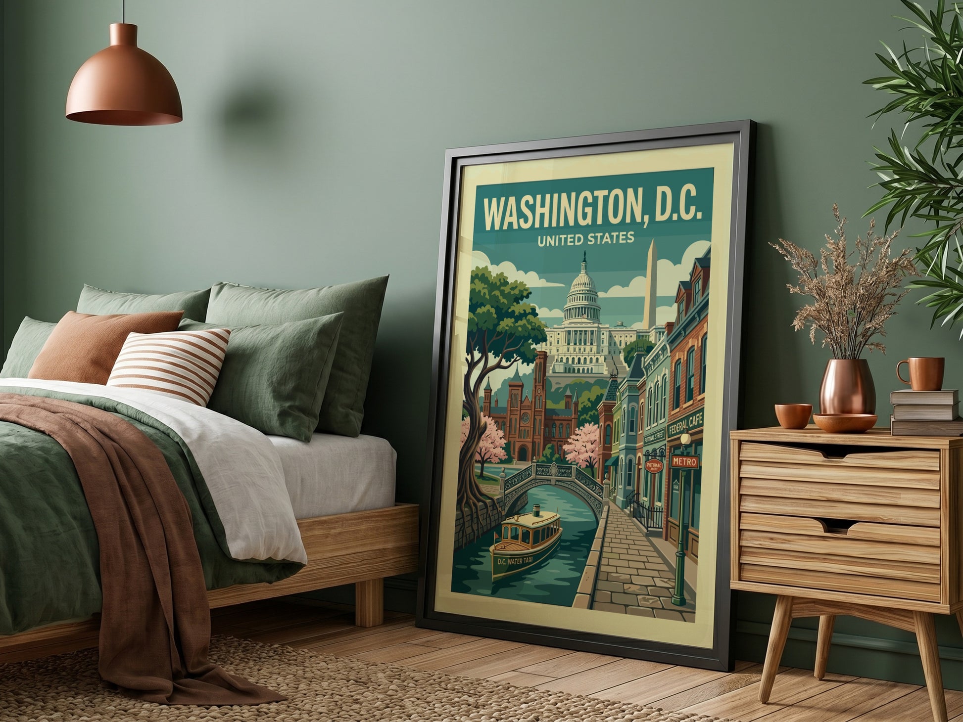 Retro Washington D.C. travel poster featuring the Capitol Building, Washington Monument, and canal.