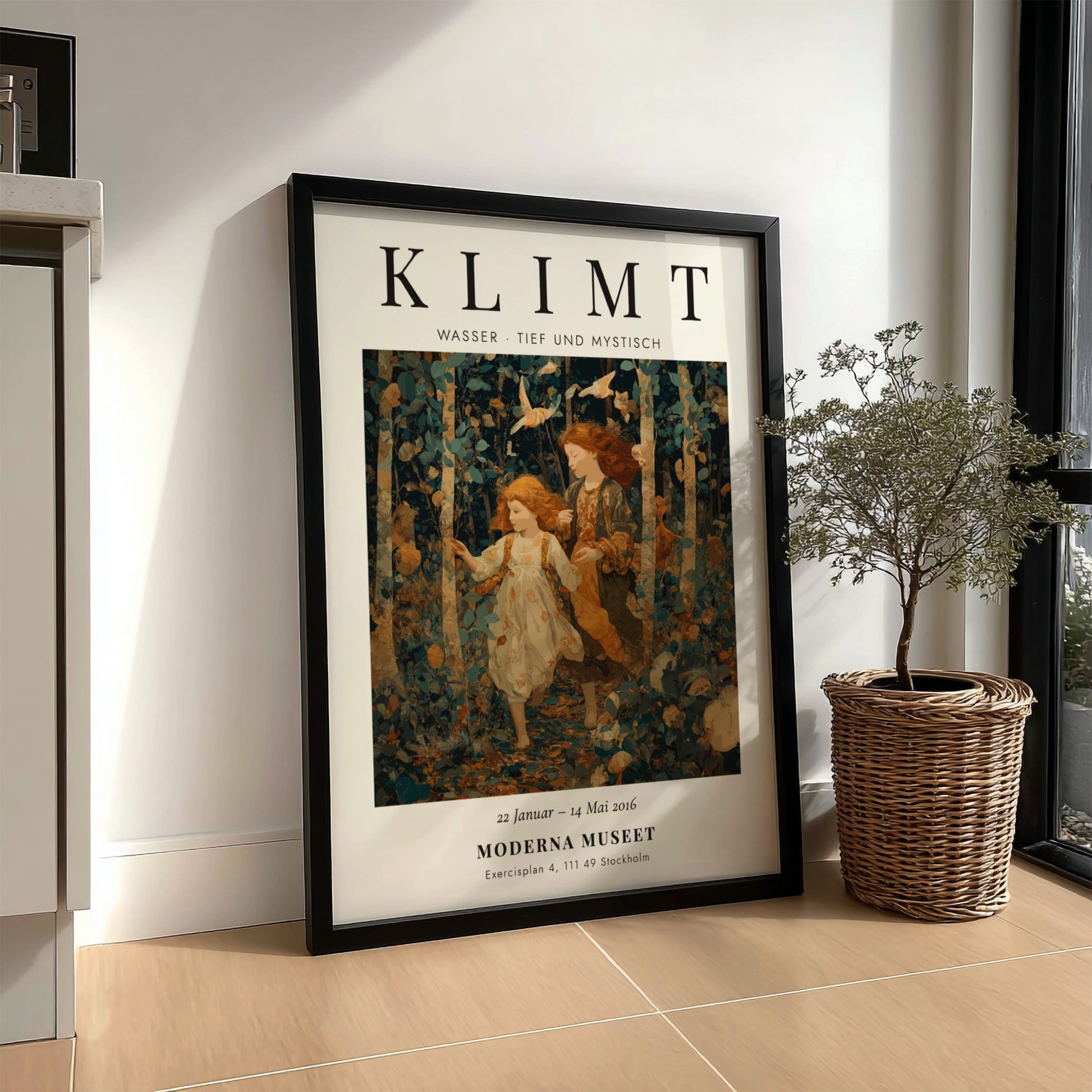 Poster featuring Klimt-inspired artwork of two girls in a forest with earthy colors and intricate patterns