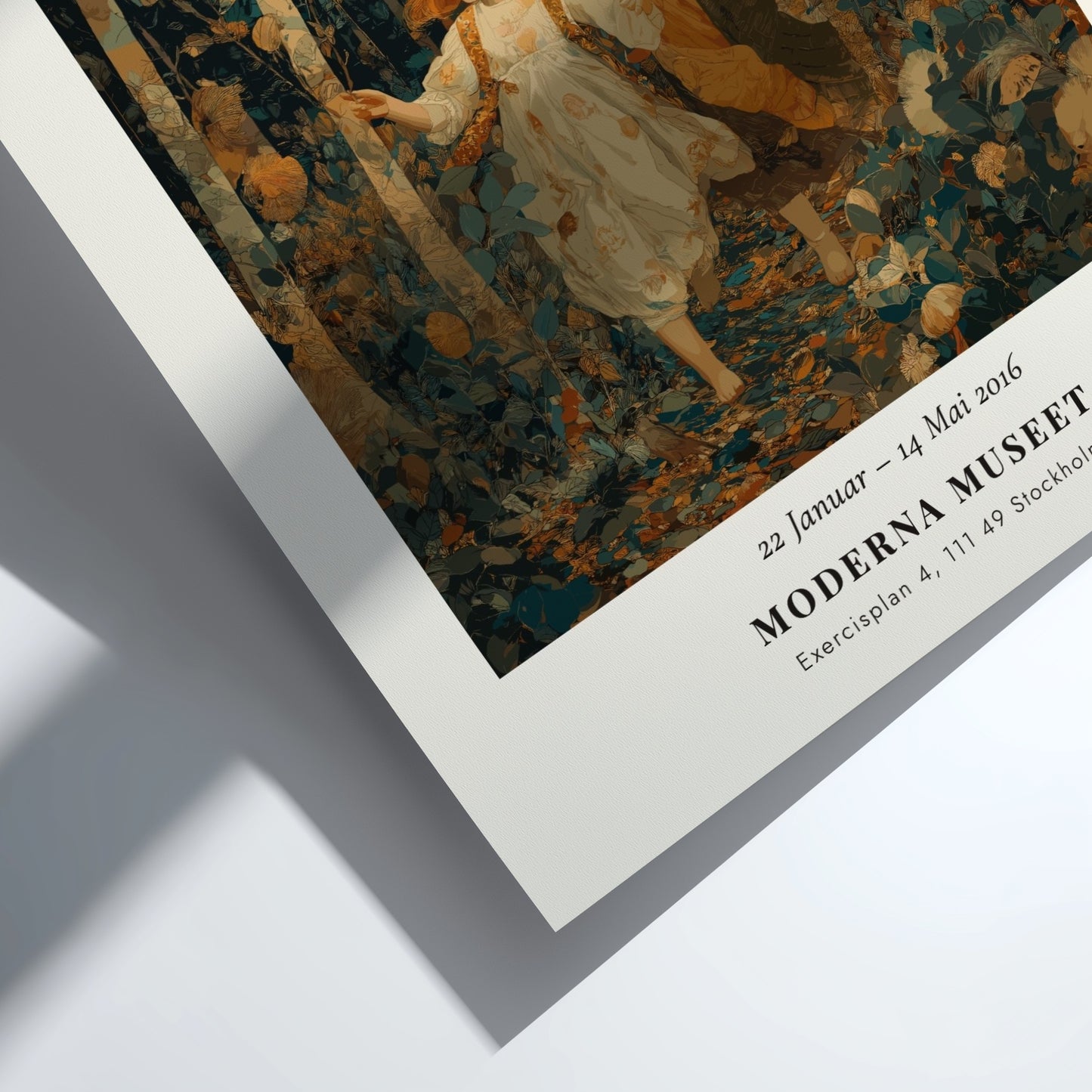 Poster featuring Klimt-inspired artwork of two girls in a forest with earthy colors and intricate patterns