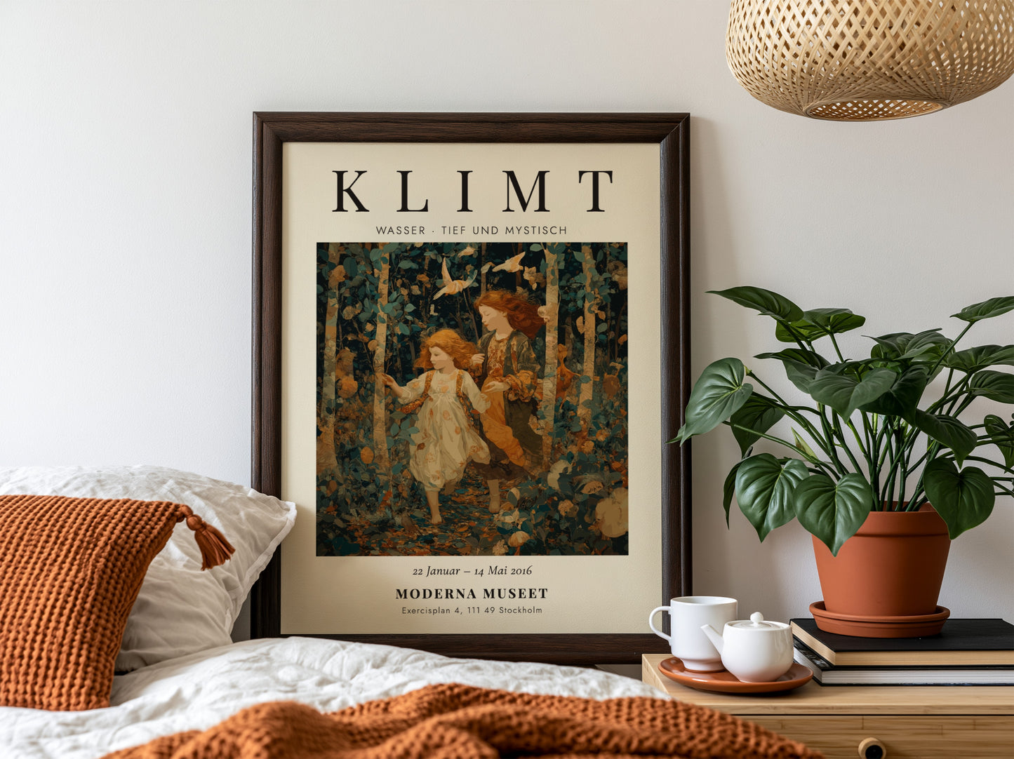Poster featuring Klimt-inspired artwork of two girls in a forest with earthy colors and intricate patterns