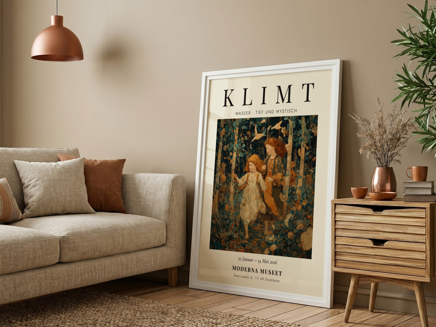 Poster featuring Klimt-inspired artwork of two girls in a forest with earthy colors and intricate patterns