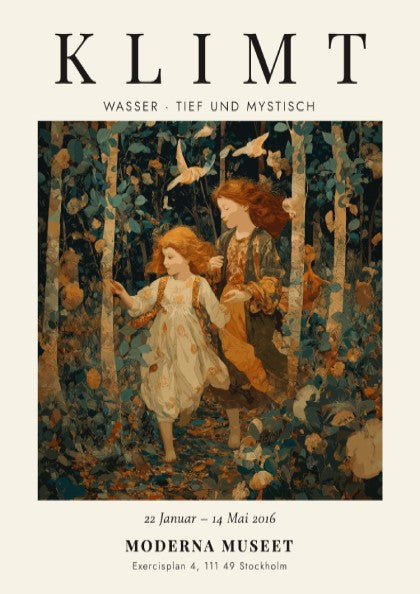 Poster featuring Klimt-inspired artwork of two girls in a forest with earthy colors and intricate patterns