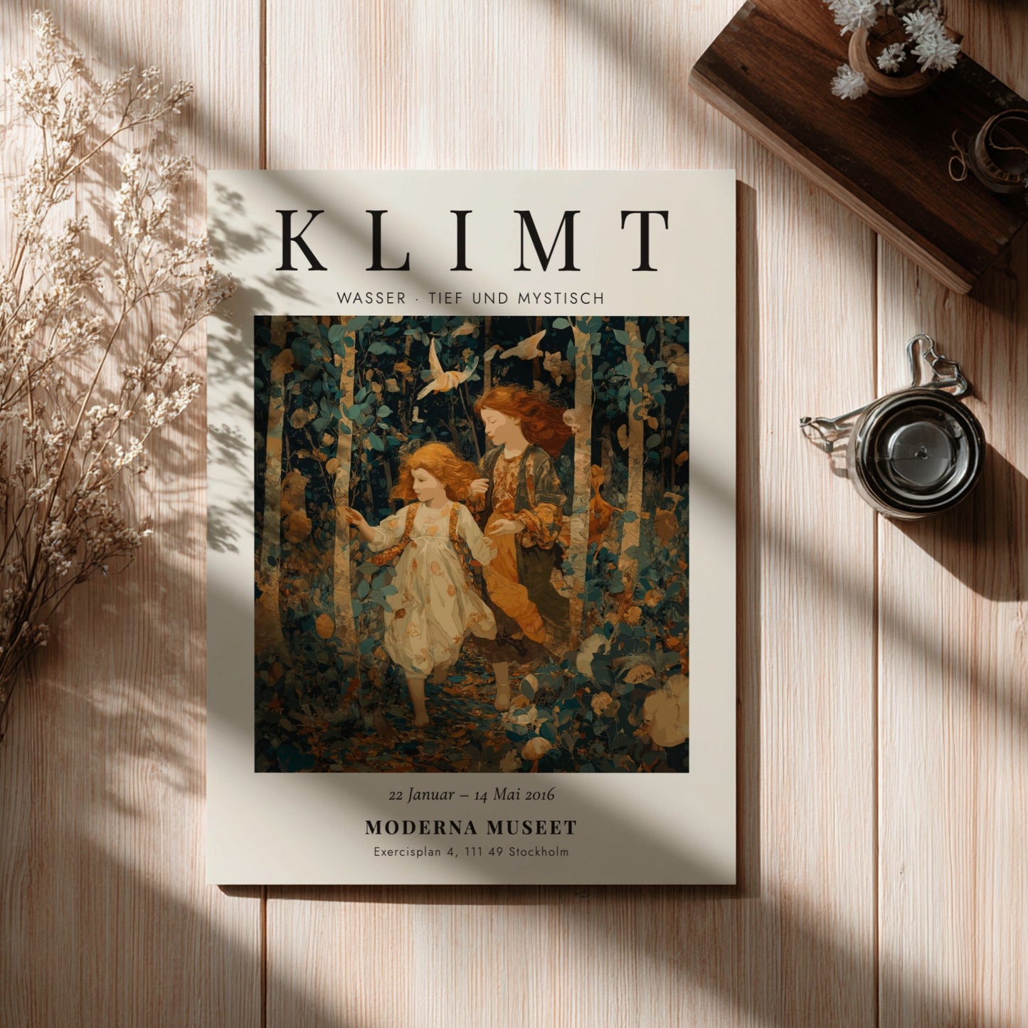 Poster featuring Klimt-inspired artwork of two girls in a forest with earthy colors and intricate patterns
