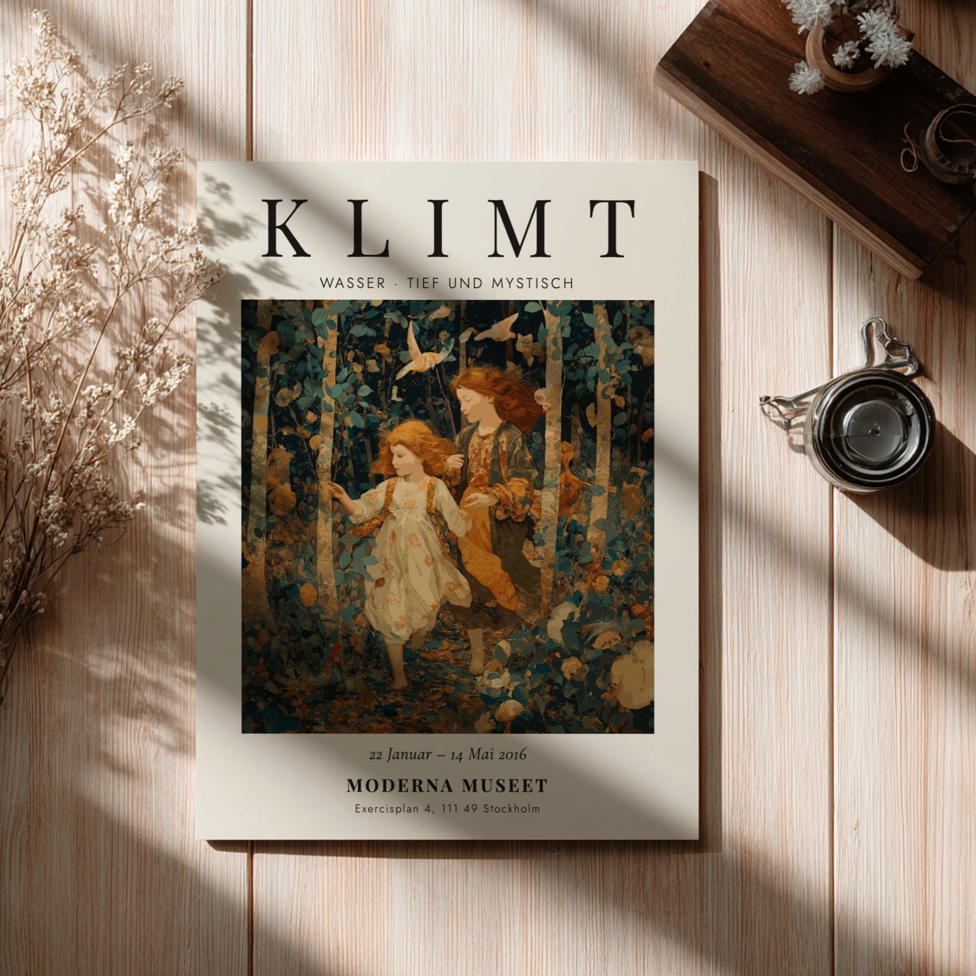 Poster featuring Klimt-inspired artwork of two girls in a forest with earthy colors and intricate patterns