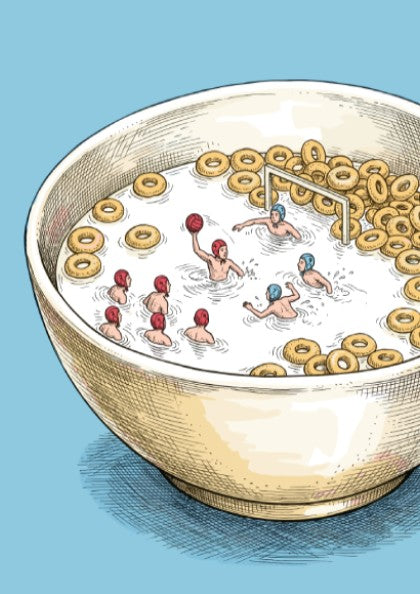 Poster showing miniature water polo players competing inside a large bowl of cereal.
