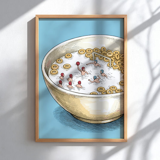 Poster showing miniature water polo players competing inside a large bowl of cereal.