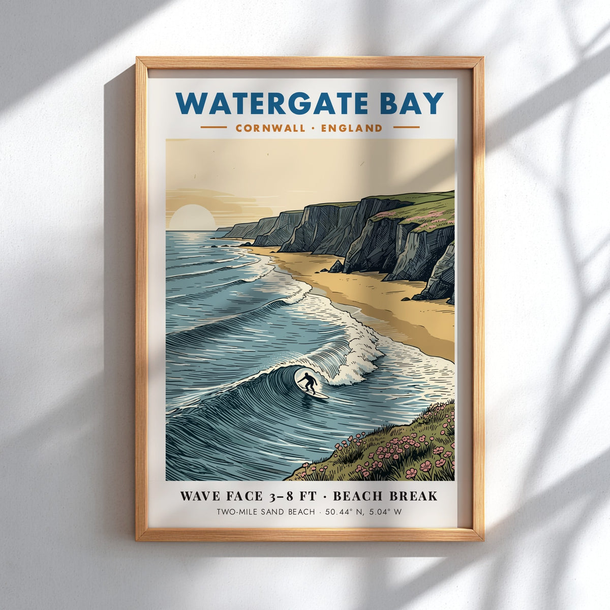 Poster of Watergate Bay Cornwall featuring a surfer on waves near dramatic cliffs.